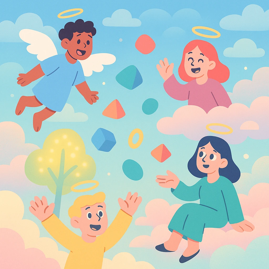 surreal heaven with endless skies, floating geometric shapes, luminous trees, soft pastel color palette emoji