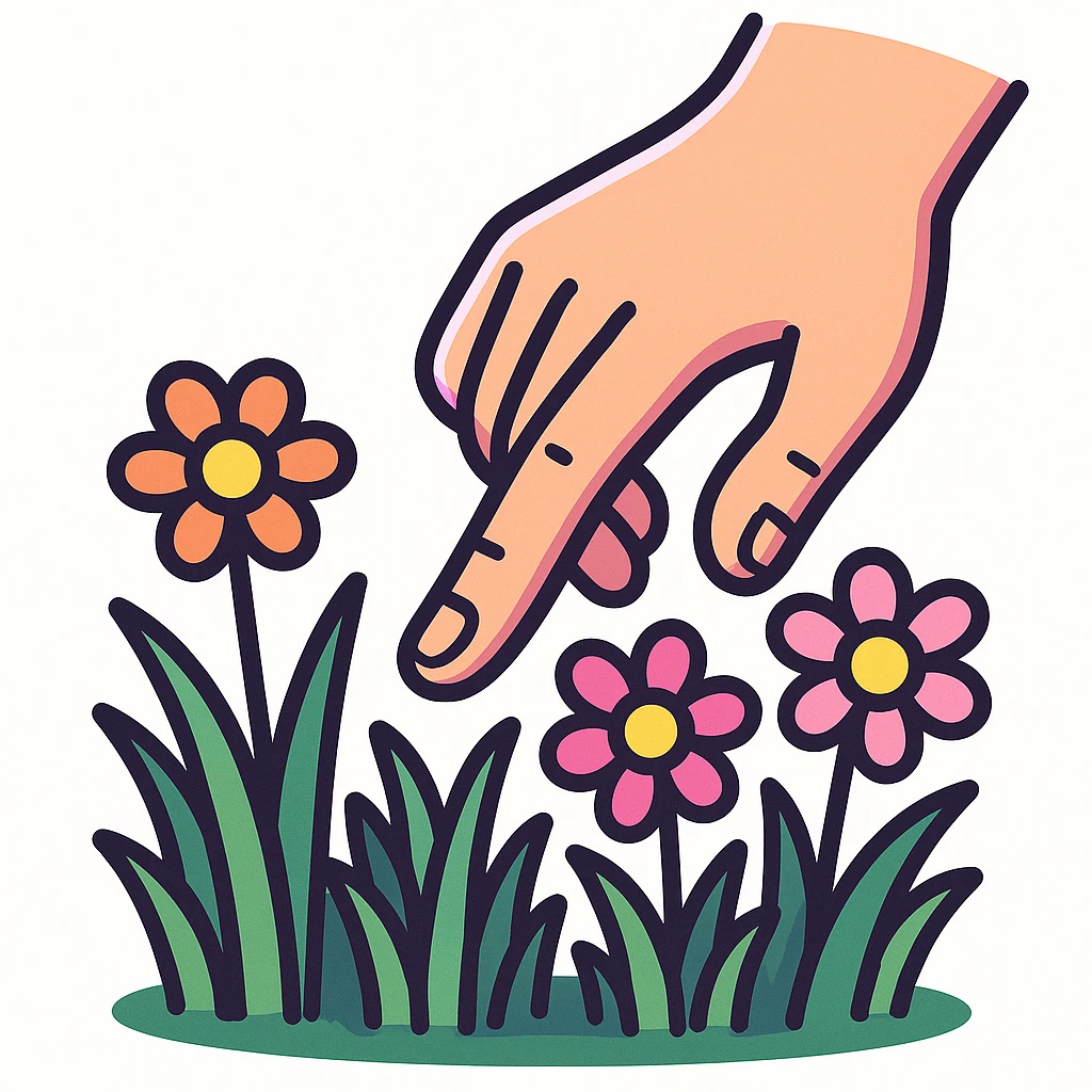 a hand reaching down to touch green grass and blooming flowers, flat 3D icon, vibrant neon palette, white background emoji