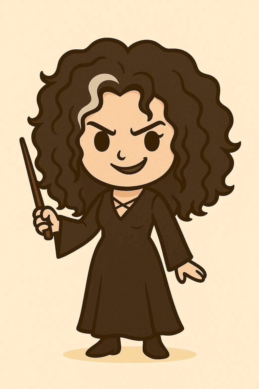 Add a wand in the hand of Bellatrix, keep the white streak in her voluminous, messy, curly black hair, wearing a long black dress, with a mischievous expression, in chibi sticker style, with a light beige background. emoji