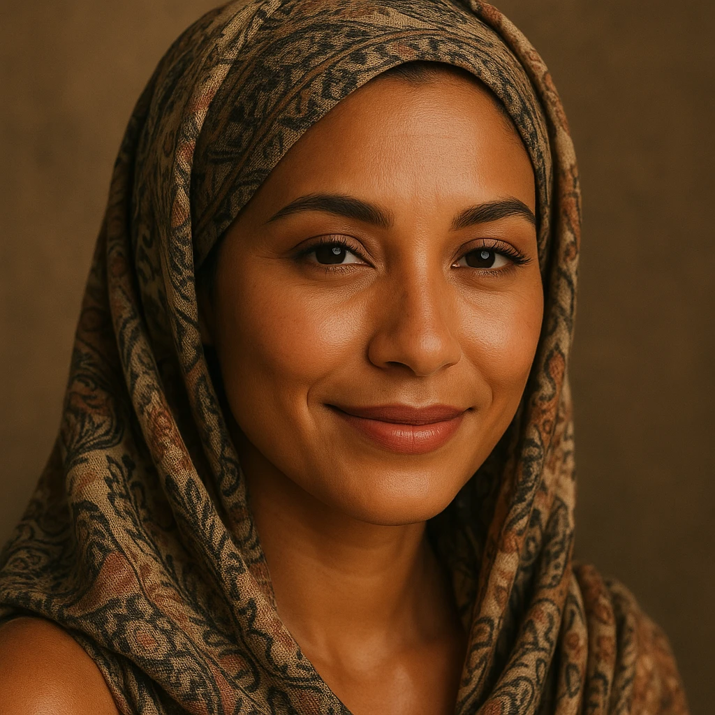 a tanned skin woman wearing a patterned headscarf and subtle makeup, gentle smile emoji