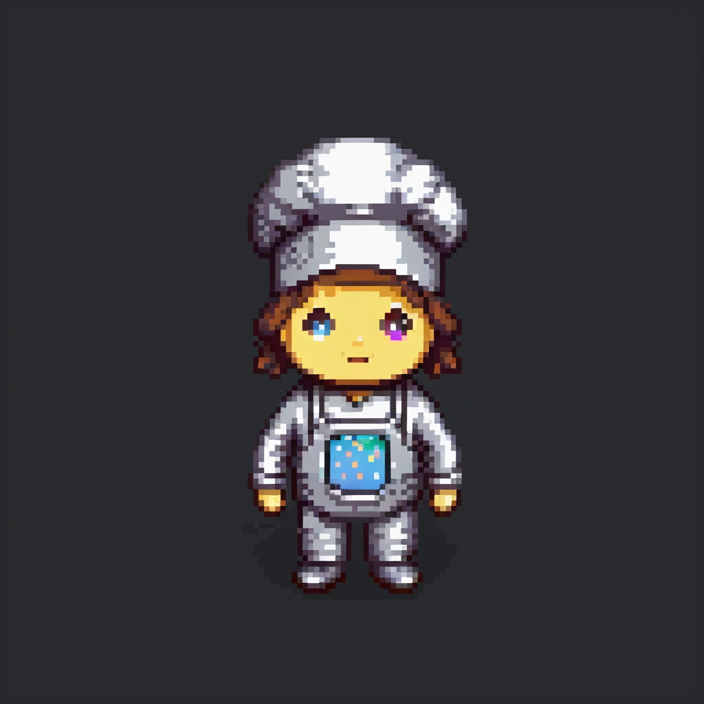 Portrait of a baker wearing a metallic baking suit with built-in tools, chrome textures and LED accents, skeuomorphism style emoji