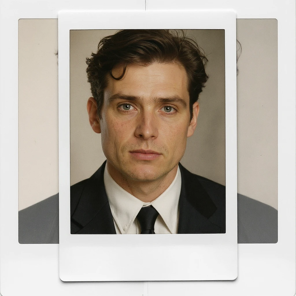 Polaroid style portrait illustration of Cillian Murphy with sharp features, blue eyes, and a composed expression. Use warm tones and include a classic instant photo border, based on the reference photo. emoji