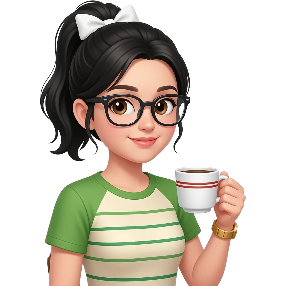 Chica de pelo negro suelto medio recogido con un moño blanco, ojos café claro y piel blanca con gafas negras, camisa con cuello verde y beige de manga corta color beige y lineas verdes, sentada en una silla de madera , en la mano derecha una taza de cafe blanca con líneas rojas y un reloj dorado emoji