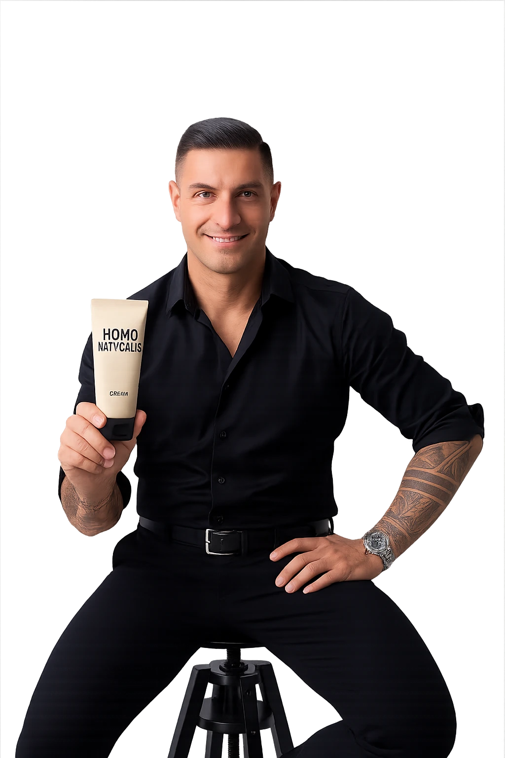 uomo con in mano un prodotto crema di marca "Homo Naturalis" emoji