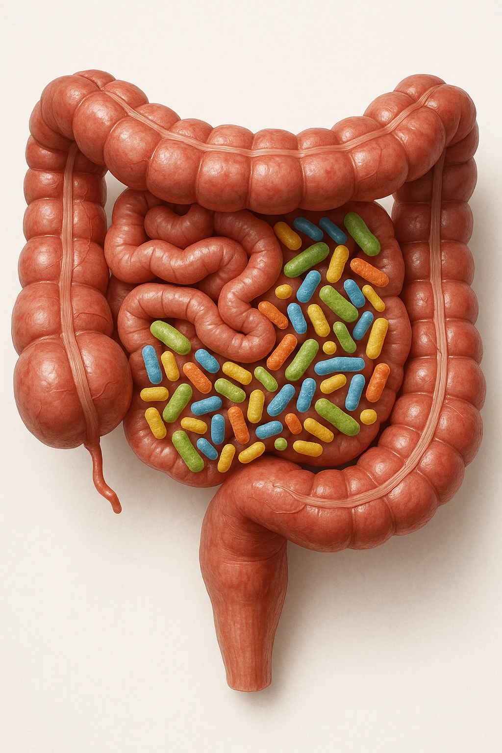 intestino umano anatomico in salute con batteri intestinali, sfondo chiaro neutro, IPERREALISTICA 4K emoji
