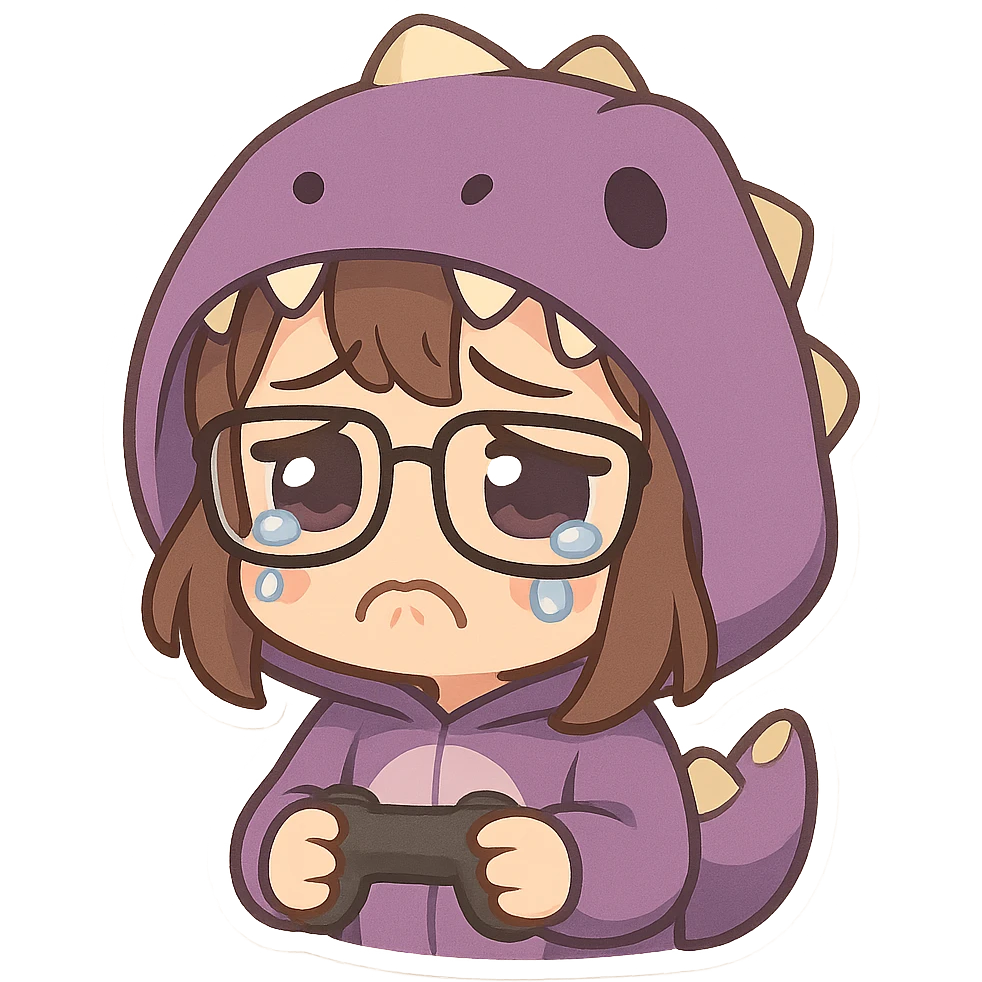 chibi anime style gamer girl with glasses, brown hair, dark purple eyes, wearing a purple dinosaur costume, making a sad emote emoji