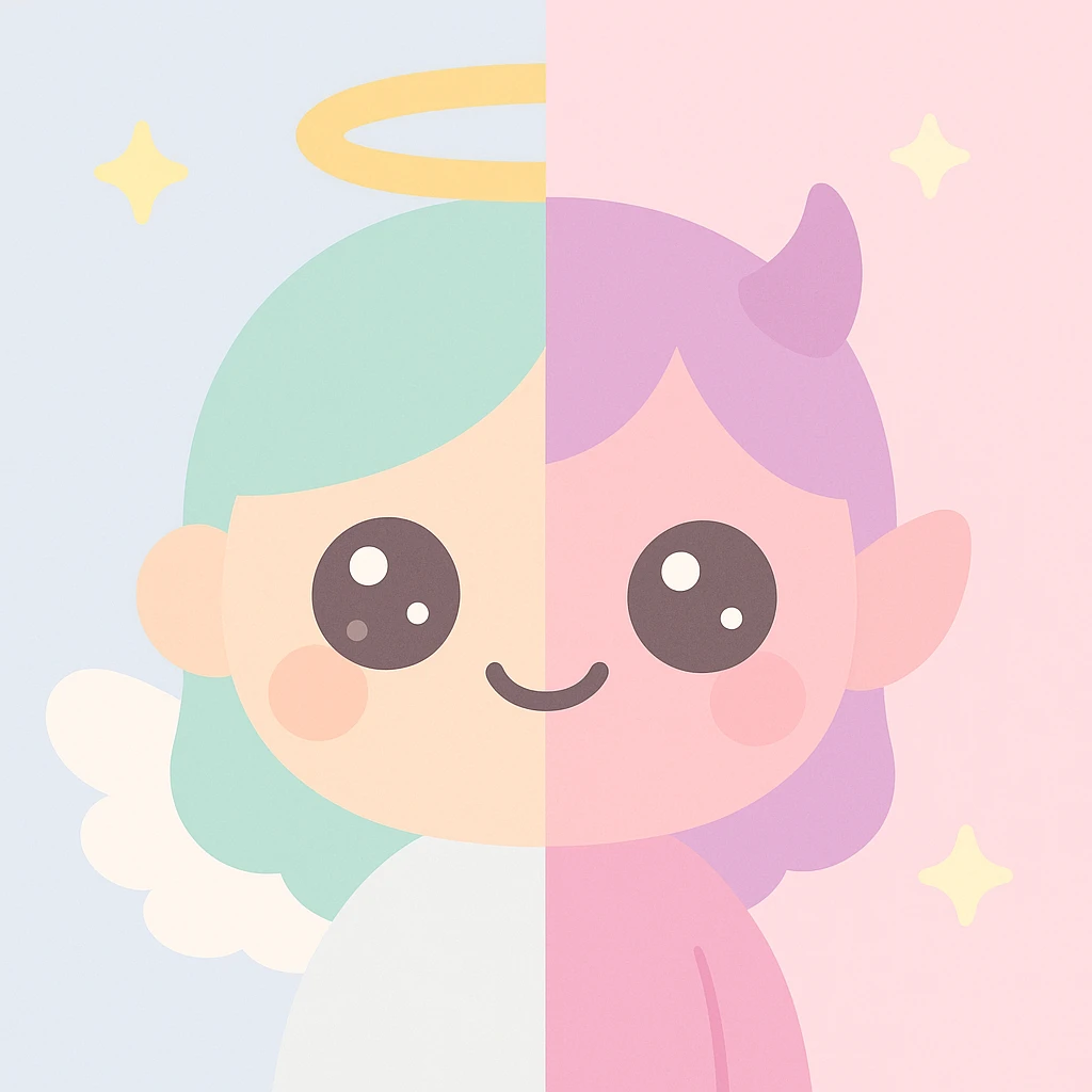 half animated face of an angel and half animated face of a devil, cute cartoon style emoji