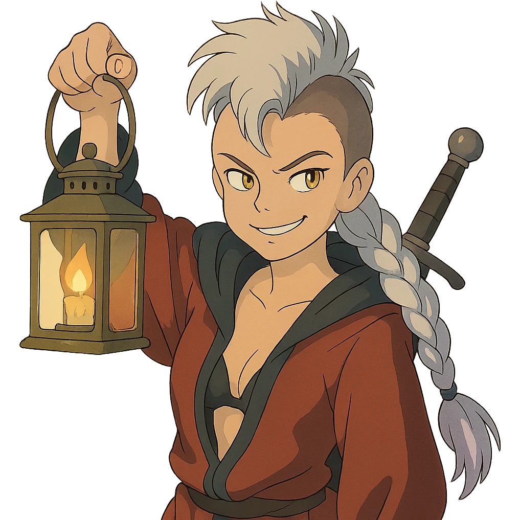 A sword maiden, mohawk, long braid white hair with lavender tips, gold yellow eyes, blood red and black revealing hoodie, brandishing a lantern. Mischievous smirk emoji