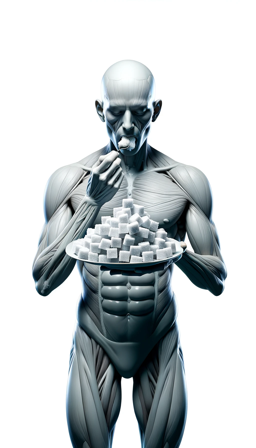 corpo umano anatomico in piedi a figura intera che mangia zollette di zucchero, posa frontale, iperrealistico 4k, isolato su sfondo bianco emoji