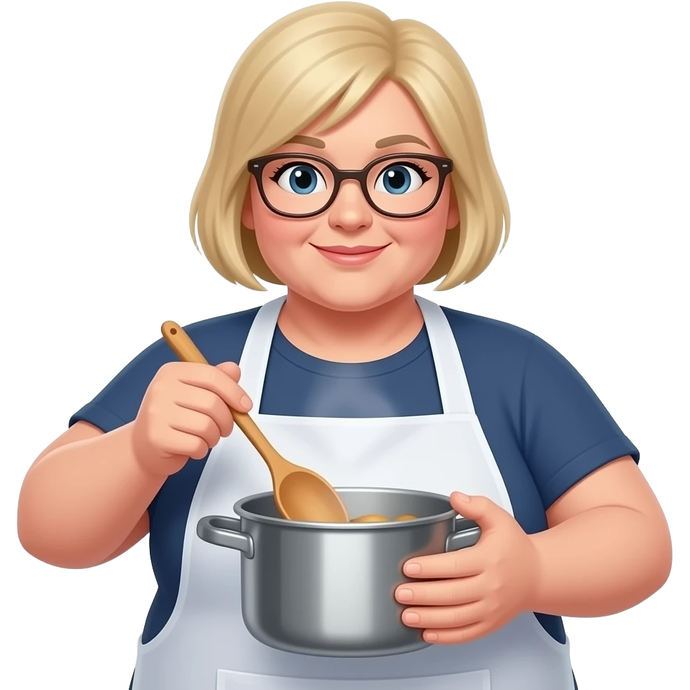51 years blondie  some overweight woman cooking, glasses, wooden spoon, buzz cut emoji
