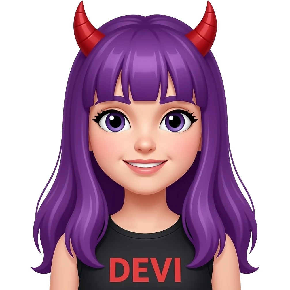 girl with long purple hair with a DEVIL sign emoji