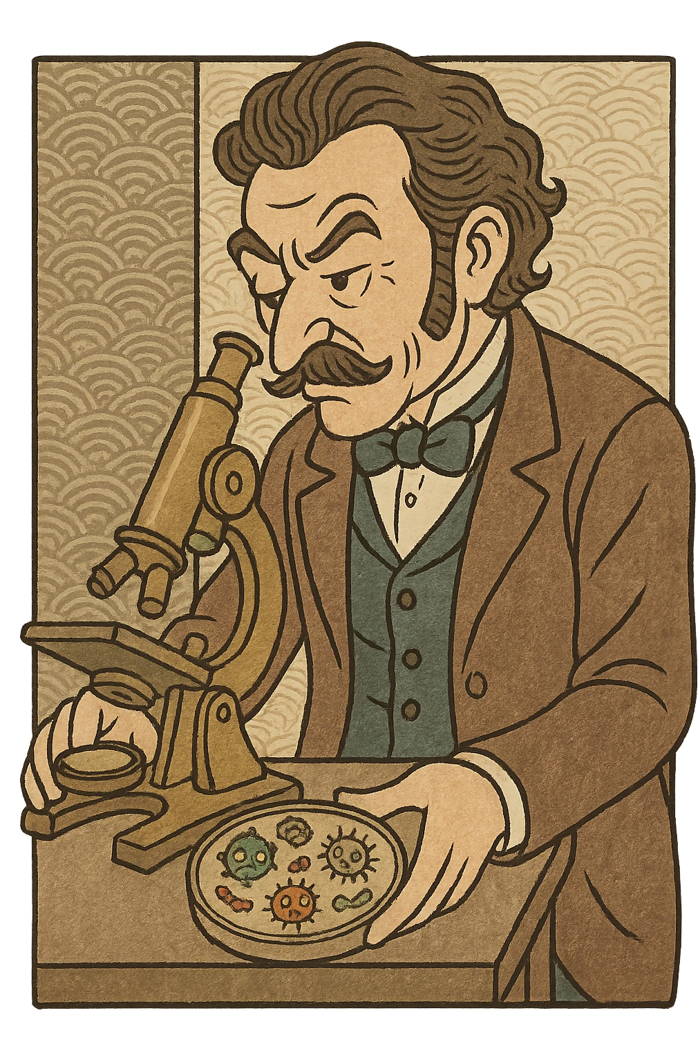 a victorian scientist with a microscope and petri dish full of germs emoji