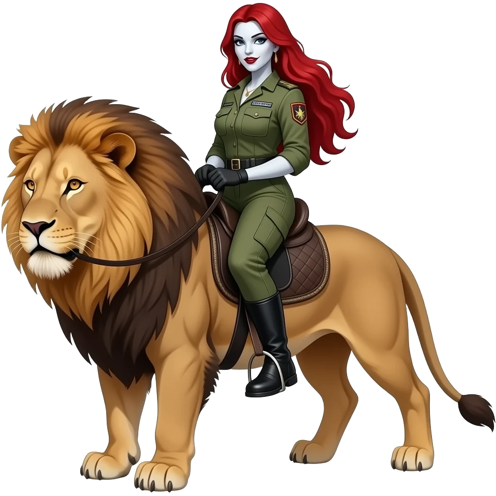 vampiro femmina con pelle bianca e i capelli lunghi e rossi con una tuta stile "militare" che cavalca un leone emoji