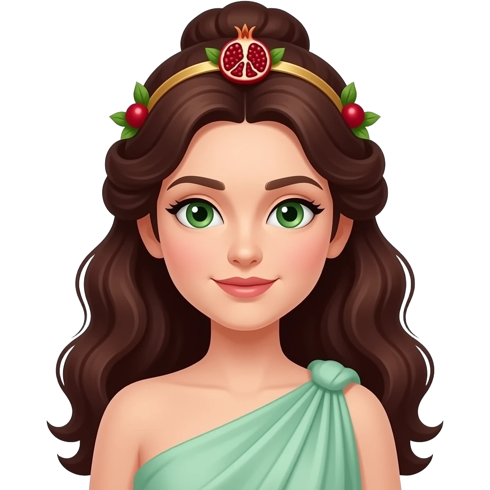 Proserpina from Roman Mythology with green eyes, long dark auburn wavy updo hair, light green peplos, pomegranate diadem emoji