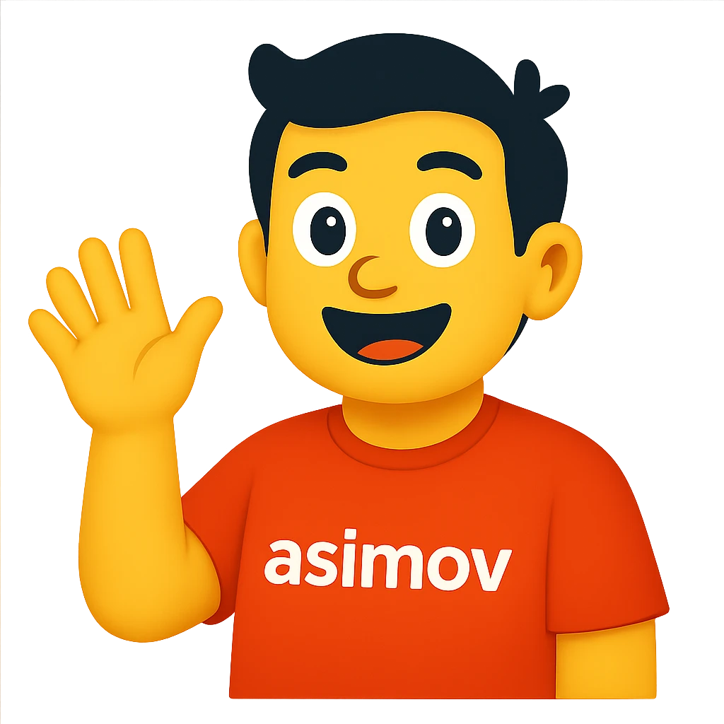 Convert the image of an office worker wearing a red 'asimov' t-shirt saying hello into a simple and expressive apple style emoji with a transparent background. Focus on capturing the essence of the office worker and the red 'asimov' t-shirt in the emoji style. emoji
