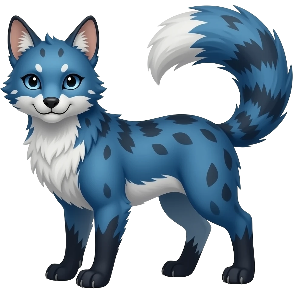 Feral Feral Rare Fantasy vibrant dark shady shaded detailed deep-dark-cobalt-blue-gradients-colored colorful Vernid-Sergal-Genet-Trico-species by LiLaiRa, with dark-blackish points, white belly, random markings, tufted tail, tufted ears, full body emoji