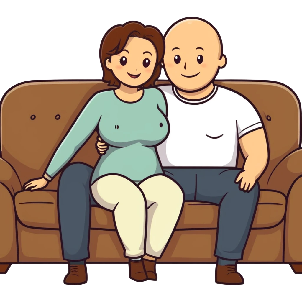 One Caucasian woman with brown hair big boobs wearing pants sitting on a couch with a bald man. She is looking down shocked. He is smiling. emoji