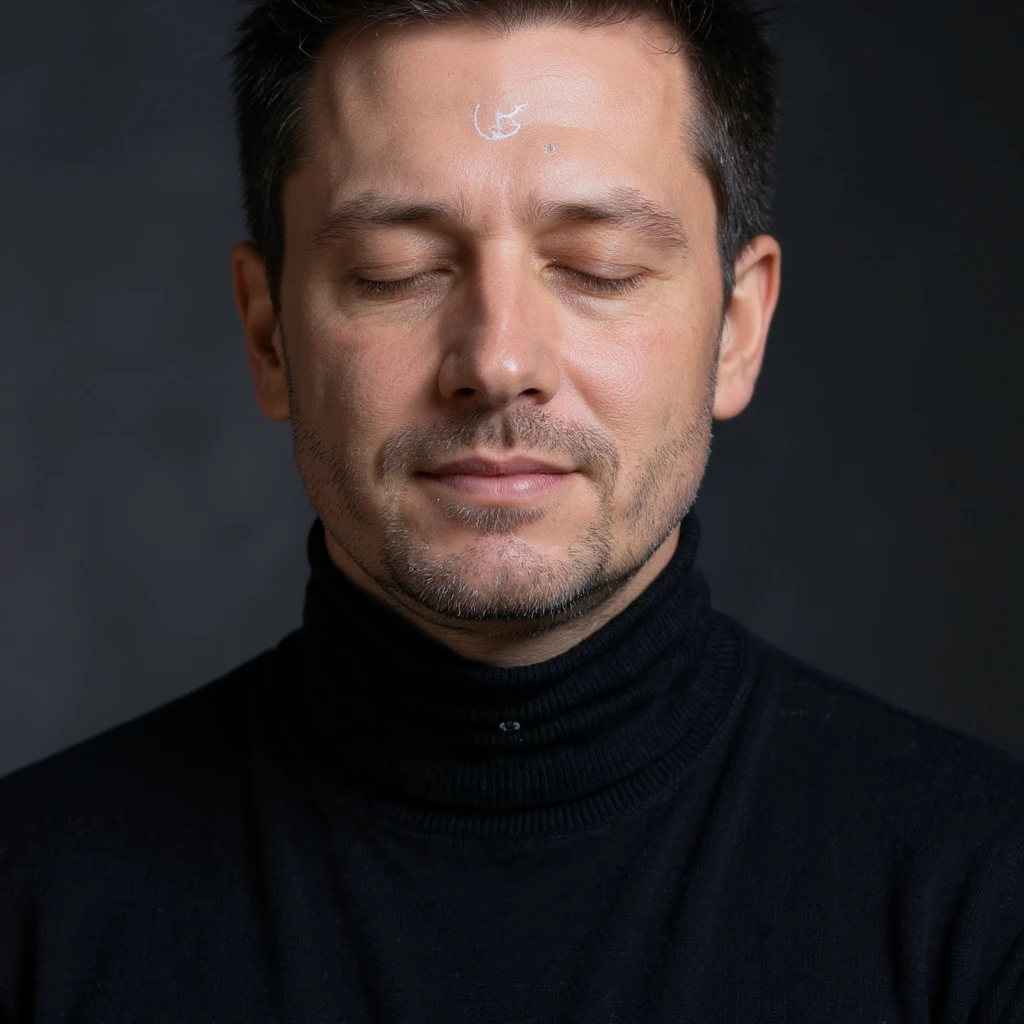 Vertical portrait, only the man's face, realistic style: closed eyes, symbols of moon and sun near the face representing the day-night cycle of fasting, atmosphere of natural balance. emoji