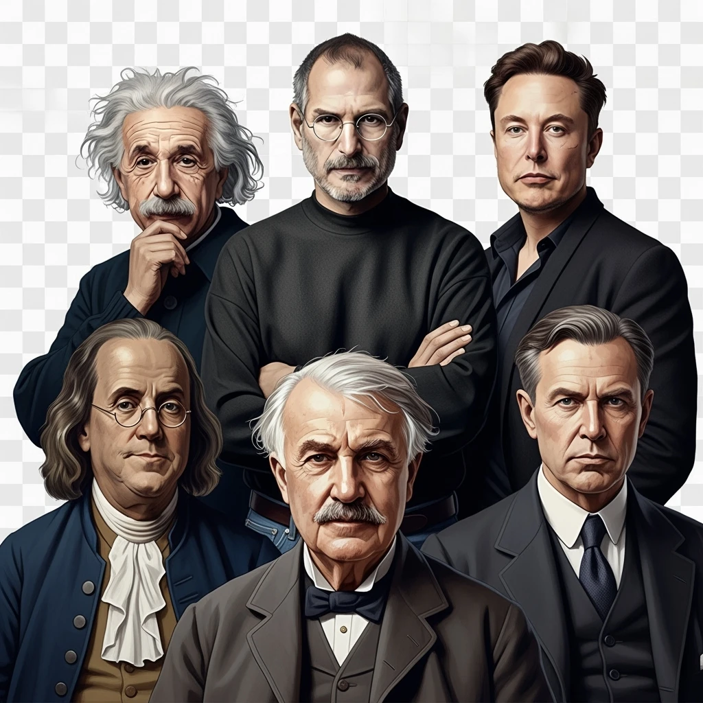 Generate in realistic style Franklin, Edison, Henry Ford in the first row, Einstein, Jobs and Musk in the second behind them. png on transparent background emoji
