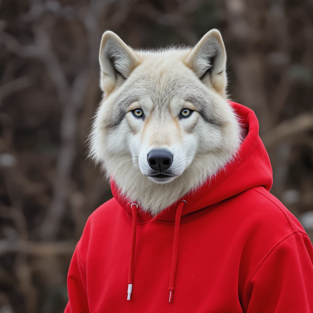 white wolf dressed in a red hoodie, photorealistic fur texture, modern illustration emoji