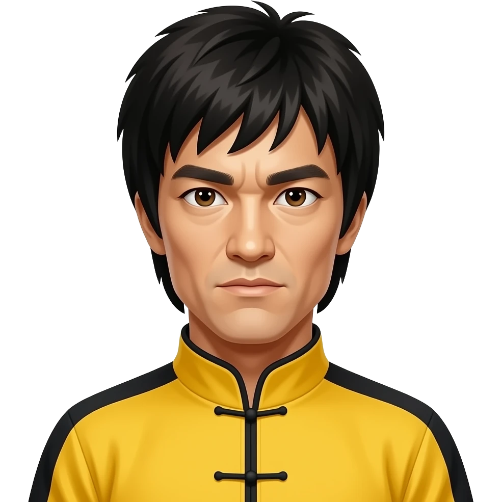 Bruce Lee with dark brown eyes, black hair, yellow martial art outfit emoji