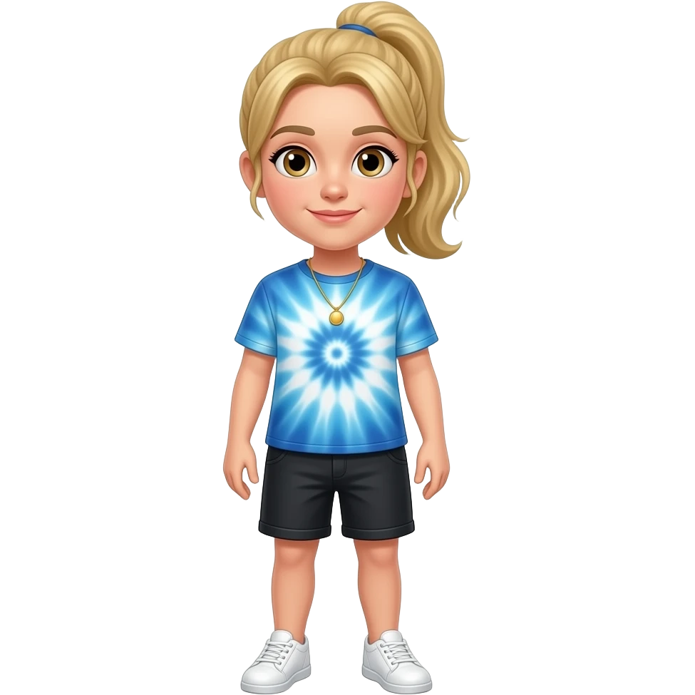 Blond ponytail blue tie dye t shirt White shoes black shorts gold necklace hazel eyes emoji