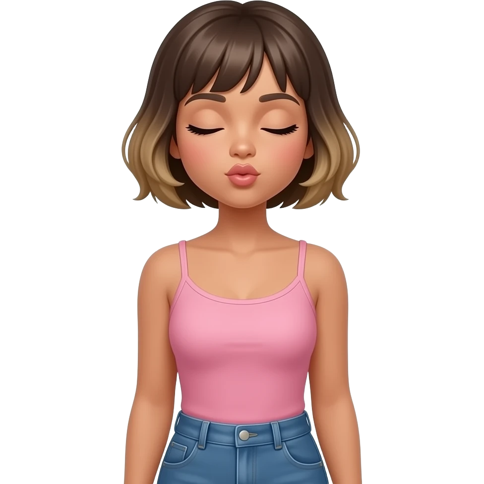 Diva Hazel eyes, tanned skin. dark blonde very short hair. Pink singlet. Blue jeans. Waist up. Closed eyes and blowing kiss emoji
