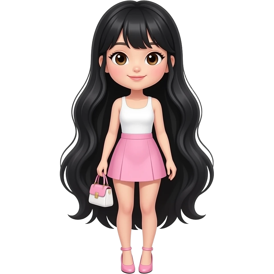 A cute, ethereal Asian girl with long thick shiny black hair, dark brown almond-shaped eyes, full boy, light pink mini skirt, white tank top, light pink heels, light pink and white mini handbag, maler her skinny model emoji