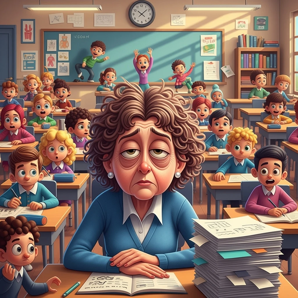 digital cartoon art of a exhausted teacher in a bustling classroom emoji