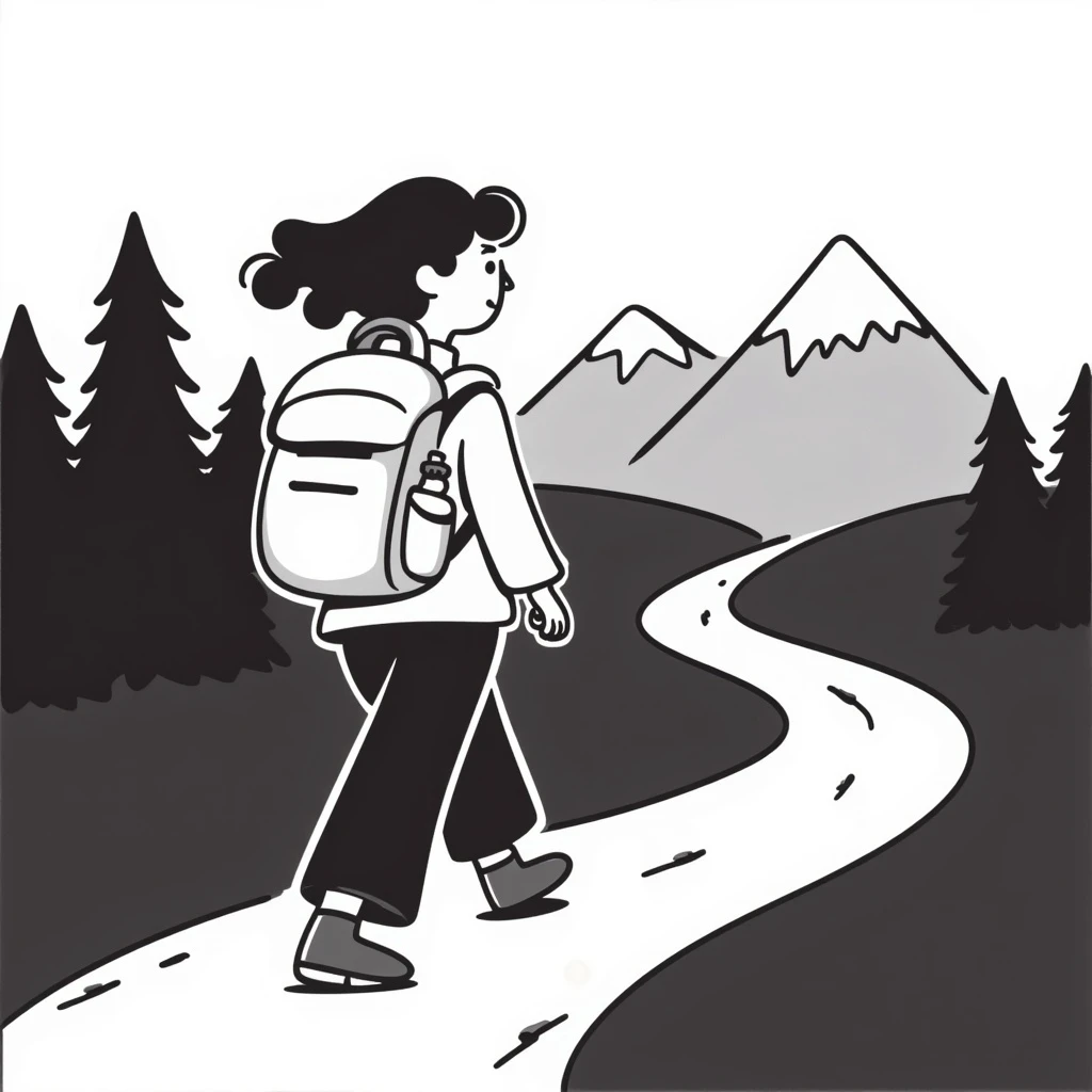 A white girl with brown hair, backpacking in the mountains emoji