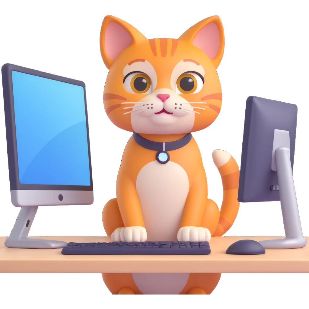 IT cat sitting at a desk with monitors, professional tech look emoji