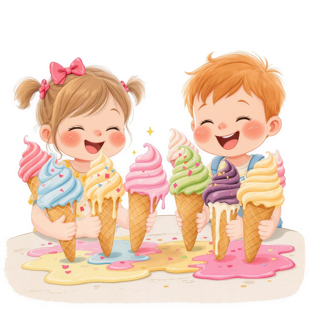 happy children with melting ice cream cones emoji