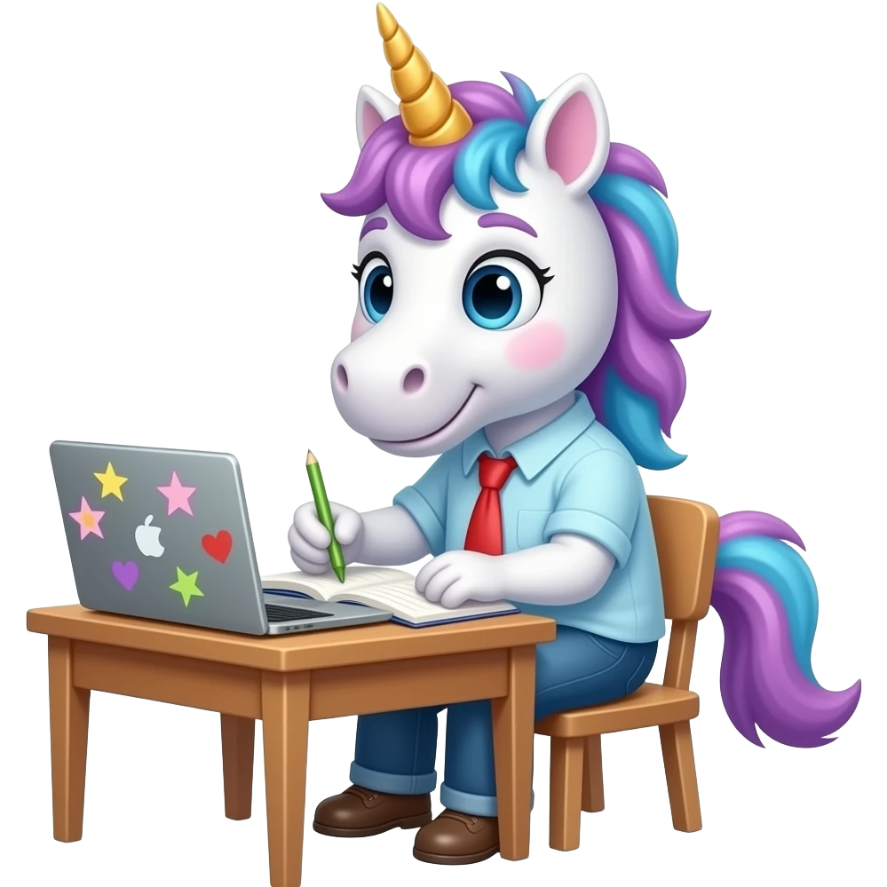 A unicorn doing homework emoji