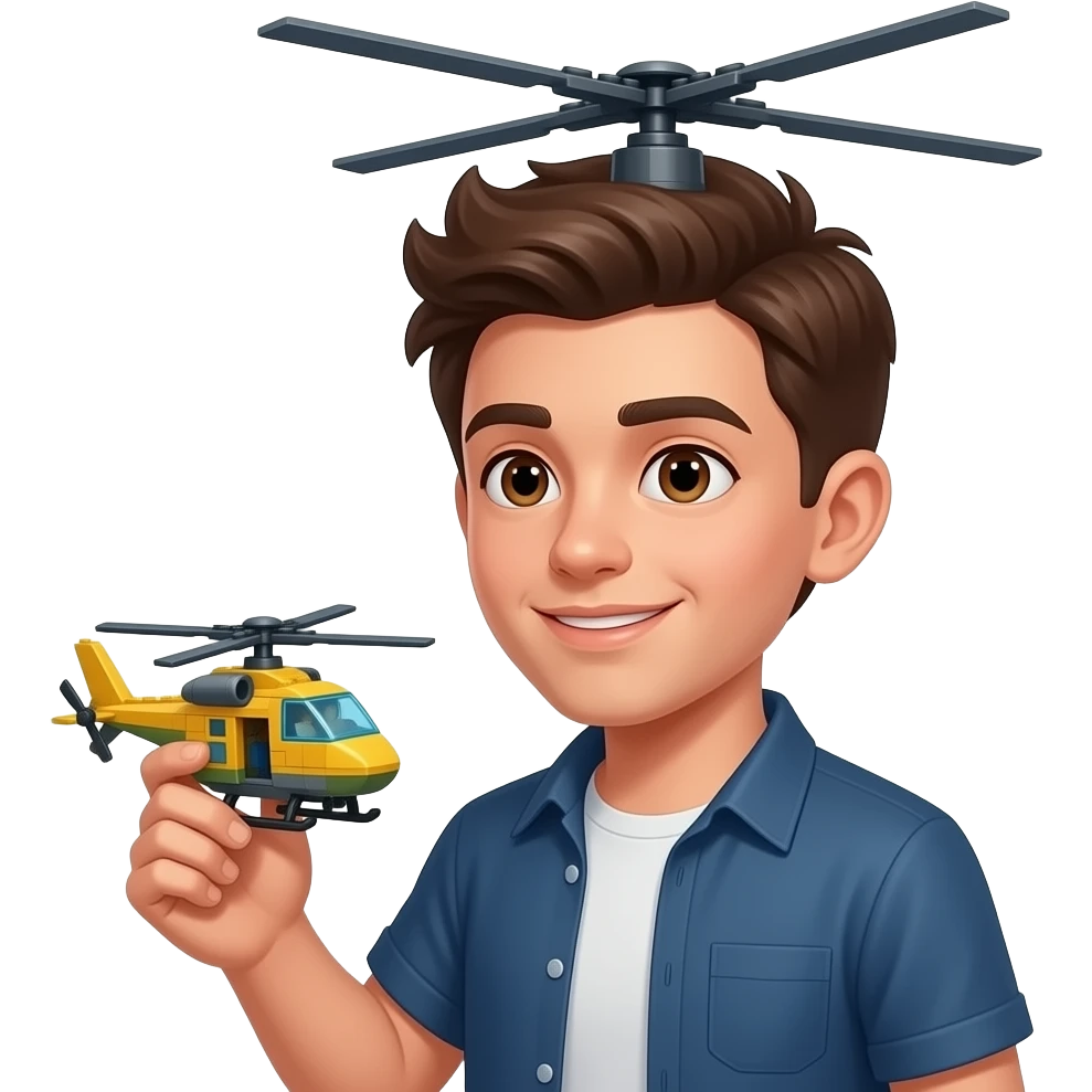 A guy with a hair that looks like a helicopter that is holding a lego helicopter emoji