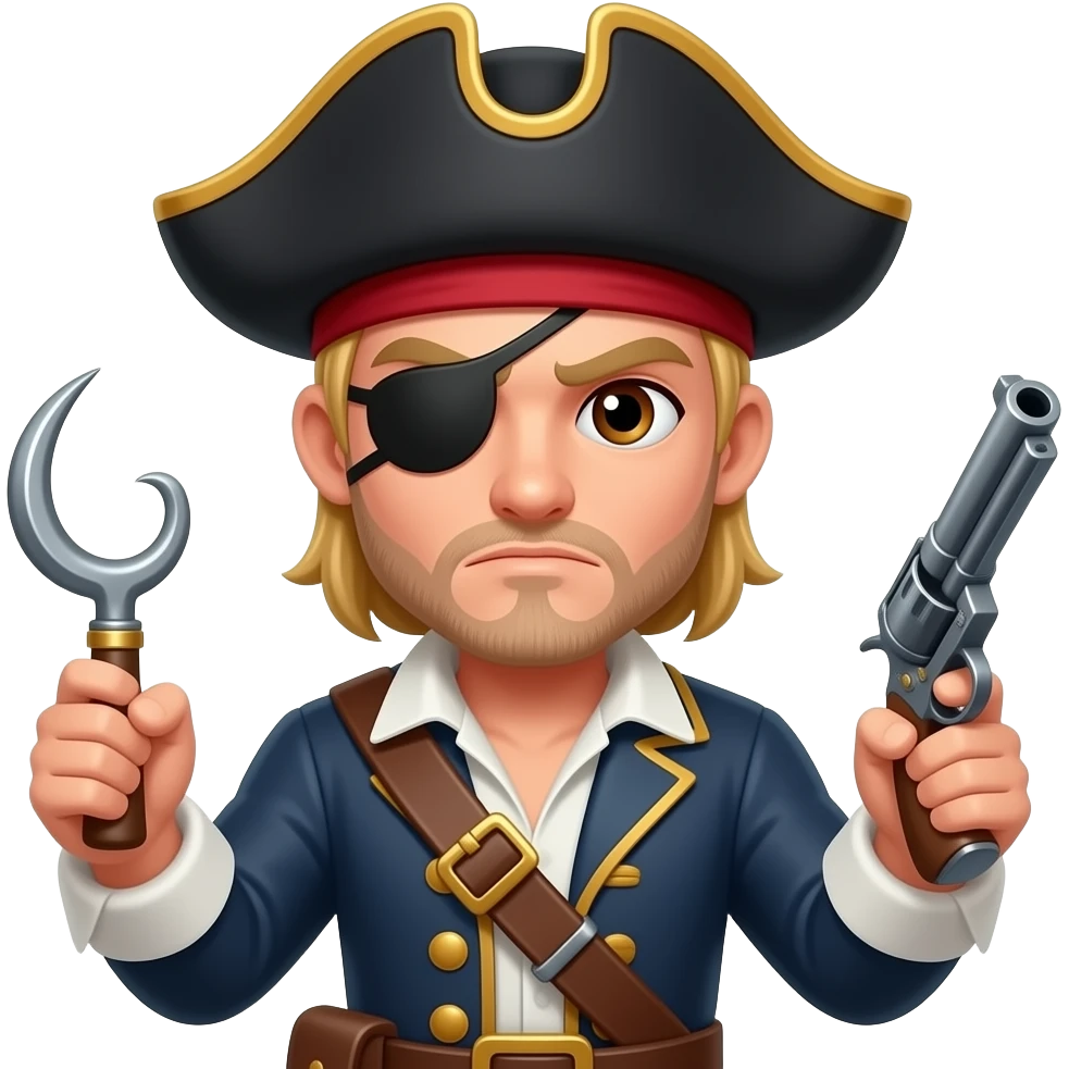Pirata rubio, ojos cafés, parche en el ojo, gorro garfio con cerveza hombre pelo corto y sin barba con cara sería  ahora en vez de cerveza qué tenga un garfio en una mano y en la otra una pistola de mecha emoji