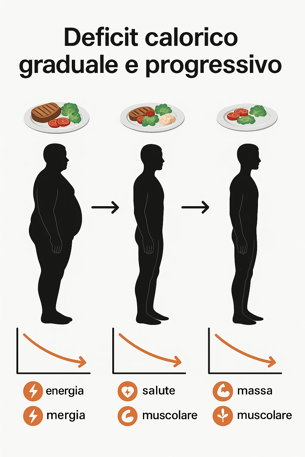 una sequenza di tre sagome umane affiancate, ognuna rappresenta una fase diversa di perdita di peso graduale. Sopra ogni figura, un piatto mostra porzioni di cibo bilanciate ma leggermente ridotte. Frecce e grafici illustrano una diminuzione lenta e costante dell’apporto calorico giornaliero, con icone che rappresentano energia, salute e mantenimento della massa muscolare. Sfondo pulito e moderno, con etichette chiare che spiegano “deficit calorico graduale e progressivo” in italiano emoji