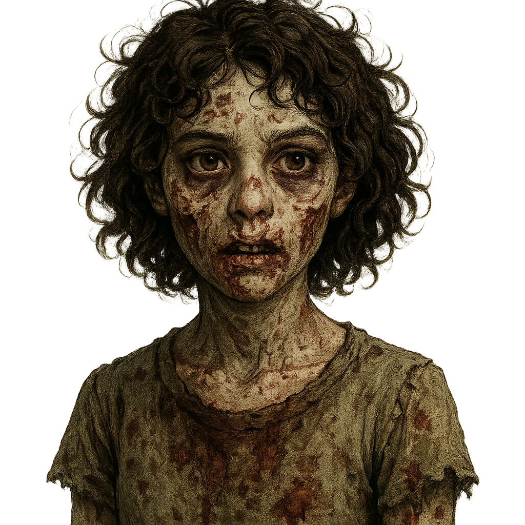 zombie girl with curly brown hair and brown eyes, detailed, expressive emoji