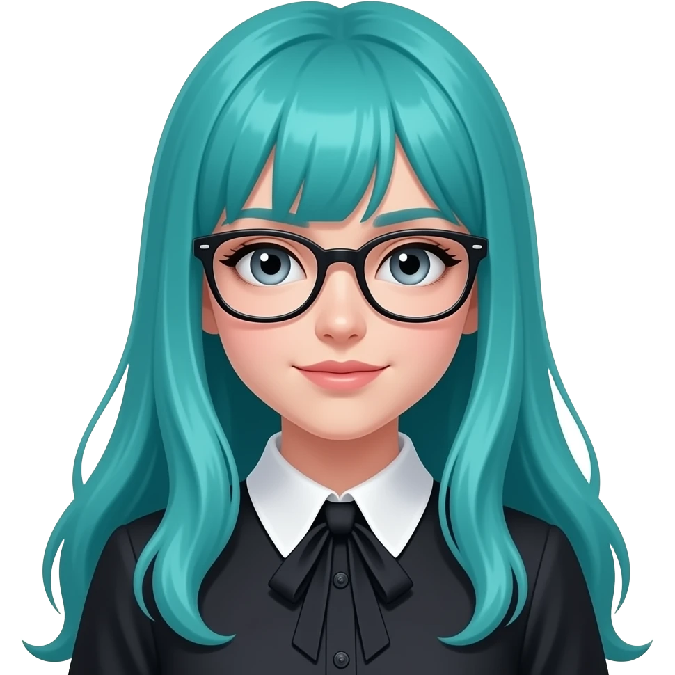 girl, thinking, glasses, long flowing teal hair, grey eyes, black shoulder cyberpunk blouse with fancy white collar emoji