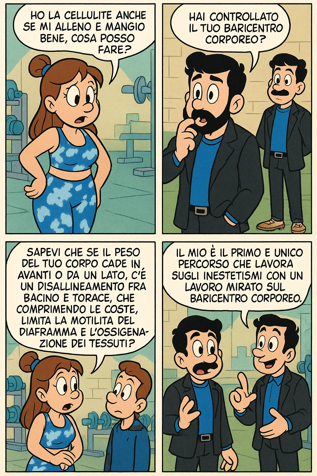TRASFORMA QUESTO CAROSELLO IN UN FUMETTO STILE TOPOLINO CON QUESTE DUE PERSONE IDENTICHE CHE INTERLOQUISCONO TRA LORO:

LEI: Ho la cellulite anche se mi alleno e mangio bene, cosa posso fare?

LUI: Hai controllato il tuo baricentro corporeo?
LUI: Sapevi che se il peso del tuo corpo cade in avanti o da un lato, c’è un disallineamento fra bacino e torace, che comprimendo le coste, limita la motilità del diaframma e l’ossigenazione dei tessuti?
LUI: Il mio è il primo e unico percorso che lavora sugli inestetismi con un lavoro mirato sul baricentro corporeo. emoji
