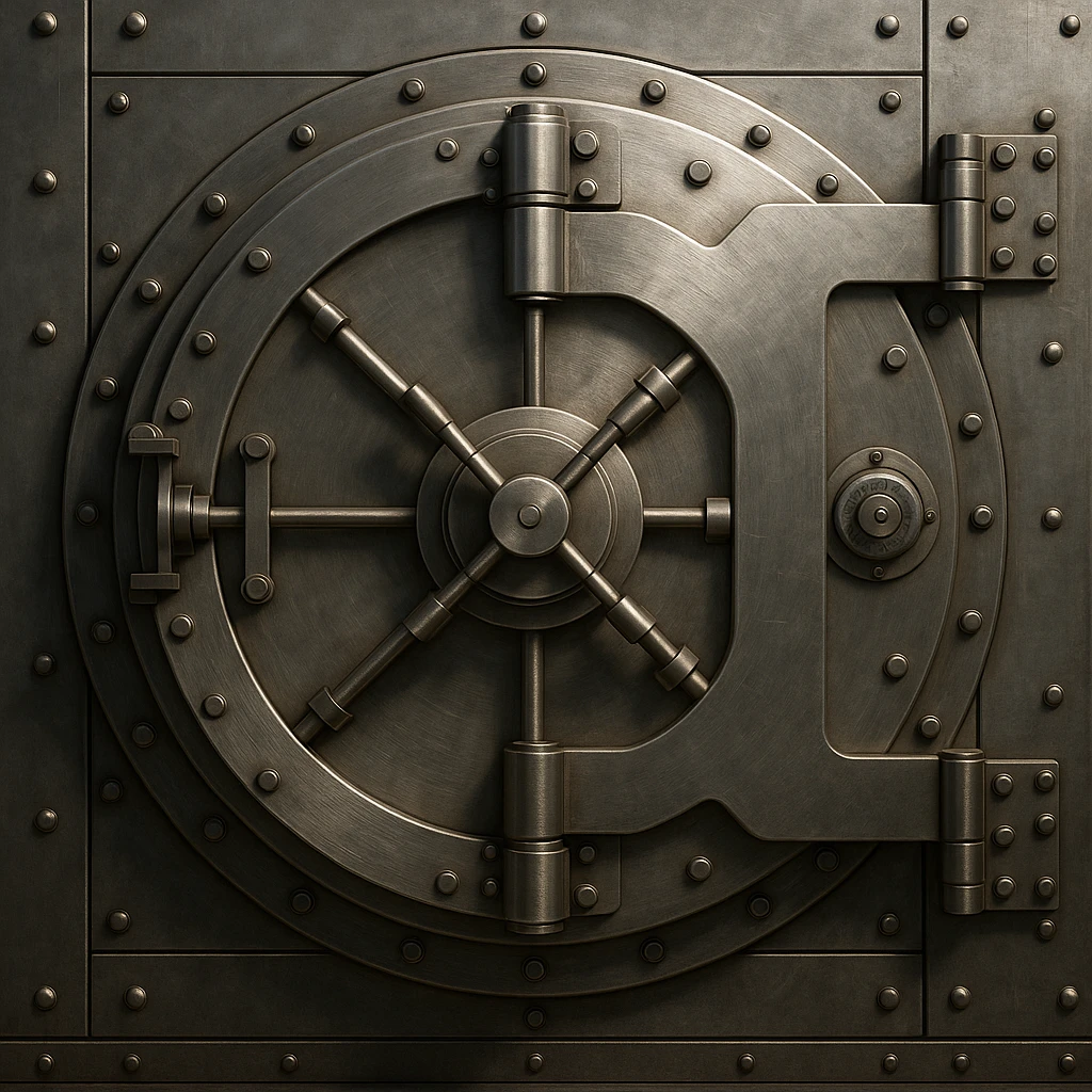 a bank vault door, round, metallic, secure, finance emoji