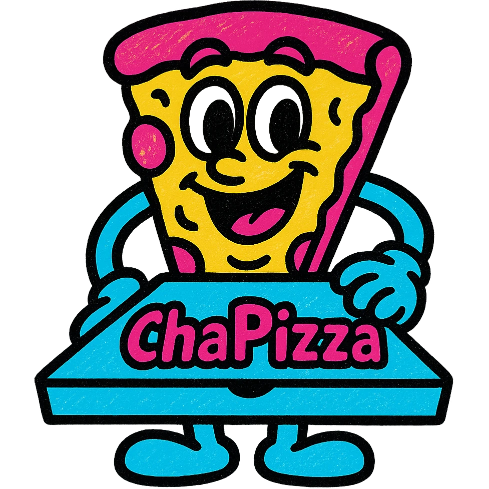 pizza mascot with expressive eyes, holding a pizza box labeled 'ChaPizza', bold modern illustration style emoji