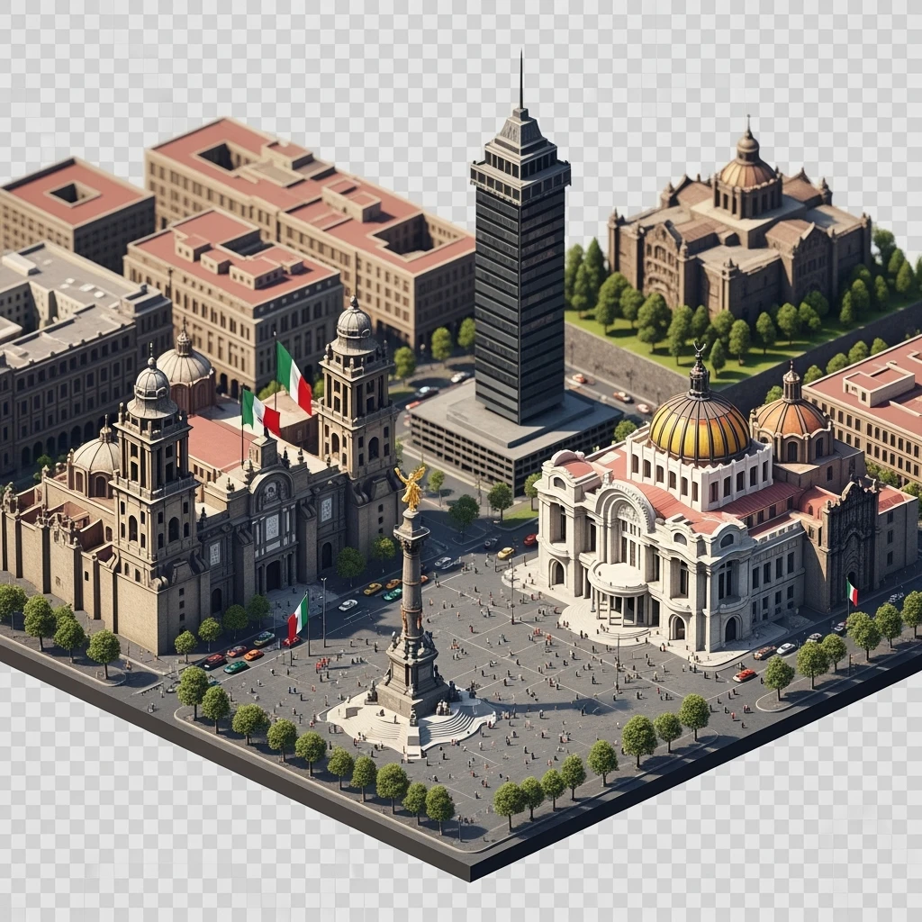 Isometric miniature of Mexico City Zócalo square with Metropolitan Cathedral, Palacio de Bellas Artes, Torre Latinoamericana, Chapultepec Castle, and Angel of Independence, atmosphere of the city 3D miniature effect and Tilt Shift effect, no cartoonish look, transparent background. emoji