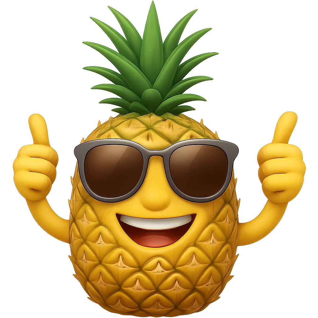 Edit the pineapple emoji in apple emoji style to have round, retro style sunglasses, keep it smiling and giving a thumbs up, no background. emoji