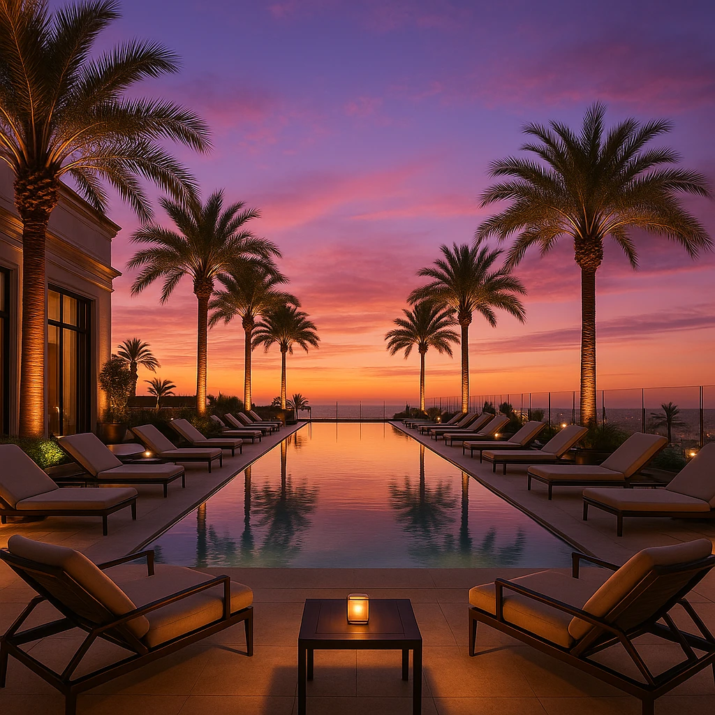 5 star hotel, rooftop pool, palm trees, sunset, luxury vibe emoji