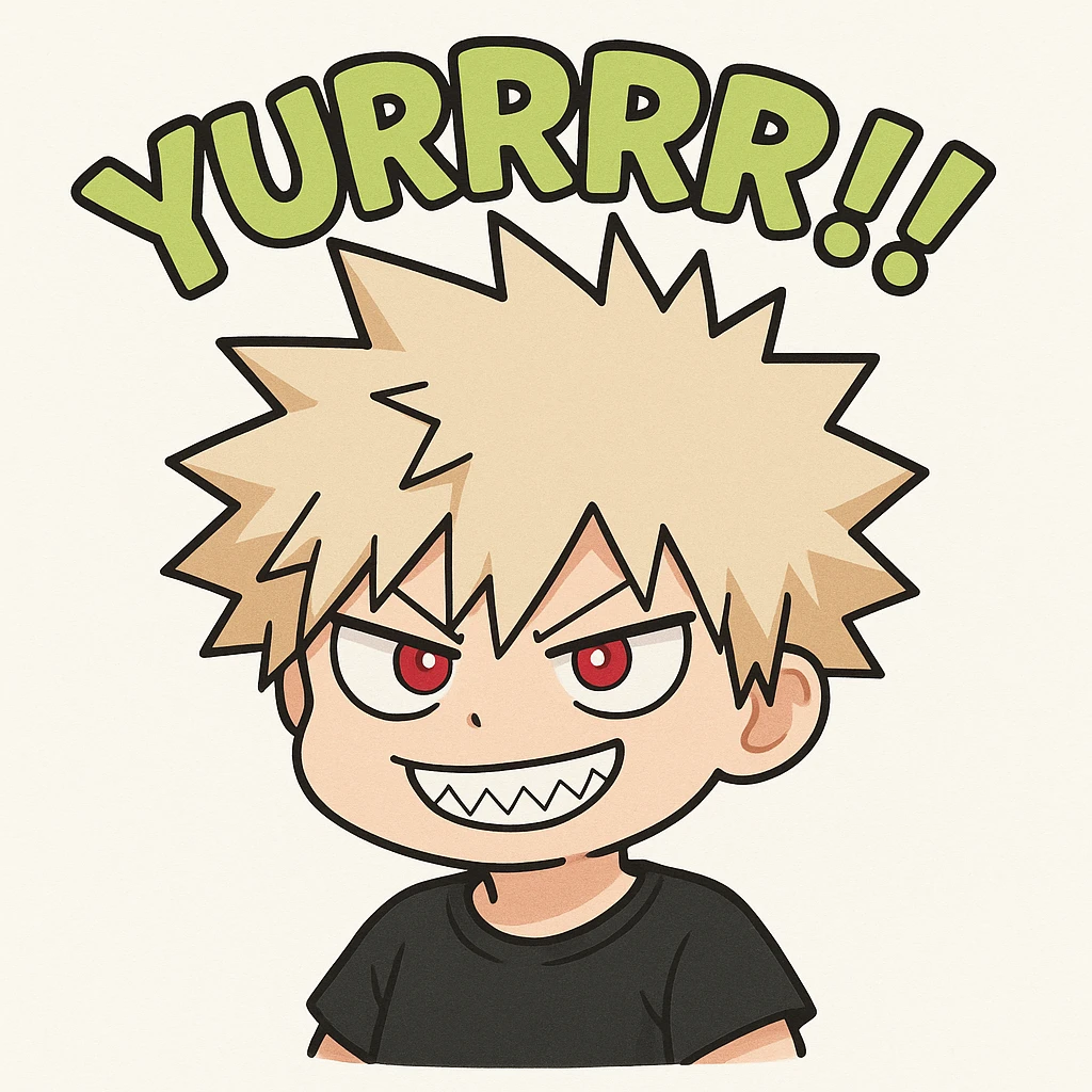 Chibi Bakugou Katsuki with a mischievous, toothy grin inspired by the reference image, with the word 'Yurrrr!!' in bold lime green text above him. emoji