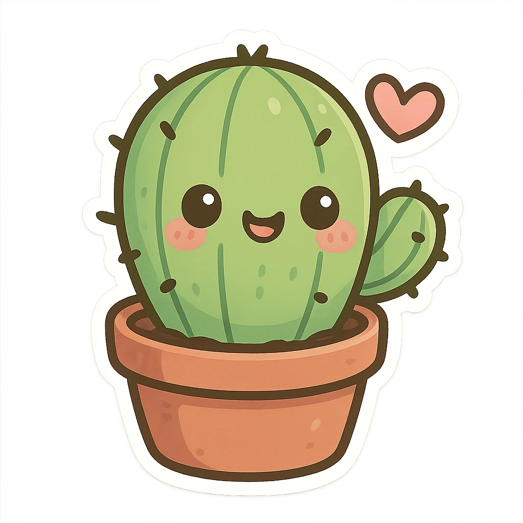 cute and exaggerated chibi sticker-style cactus with a heart accent emoji