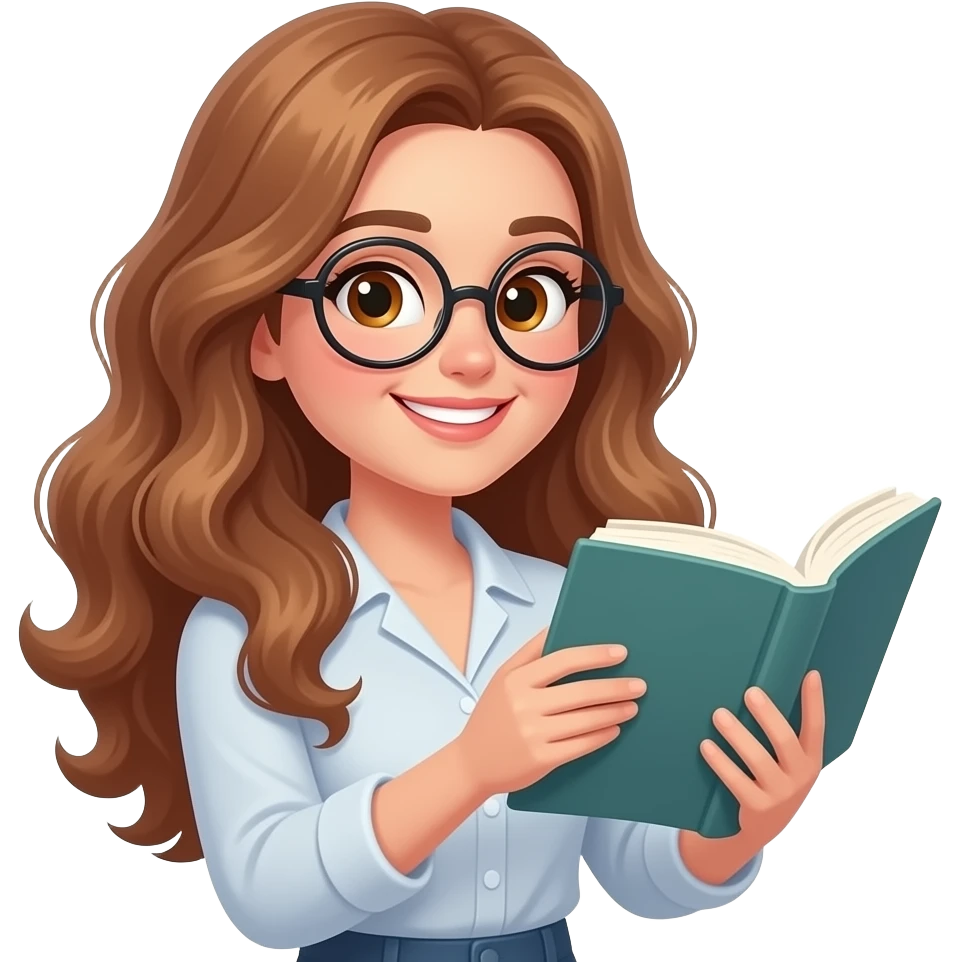 detailed emoji illustration of a curvy woman with long light brown wavy hair, light brown eyes and round glasses taking picture avec her book, happy book lover vibe, cute emoji style emoji