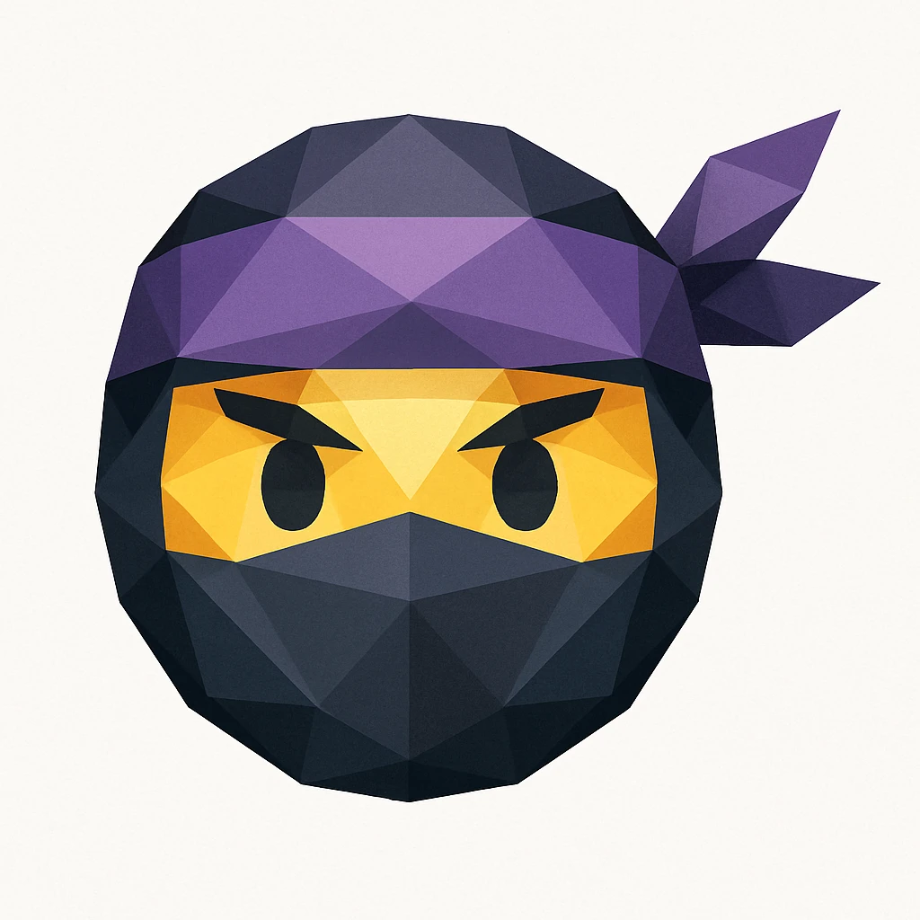 ninja emoji with masked face and purple headband, low-poly geometric shapes, modern look, polygonal icon style emoji