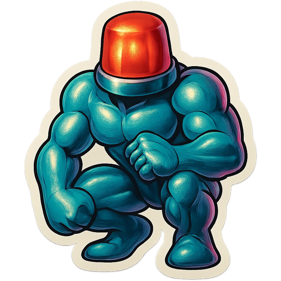 shiny muscular robot with a red police light head, crouching emoji