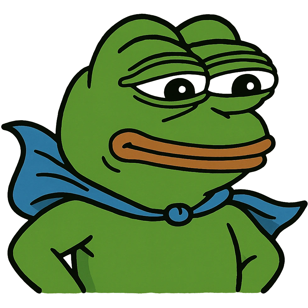 Pepe the Frog as a superhero with a cape, meme style emoji